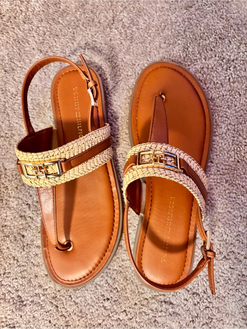 Tommy Hilfiger Tan and Cream Braided Thong Sandals with Gold Accent